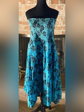 LanZ Blue Floral Crinkle Midi Strapless Dress or Maxi Skirt